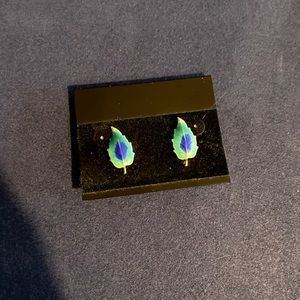 Blue and green leaf post earrings